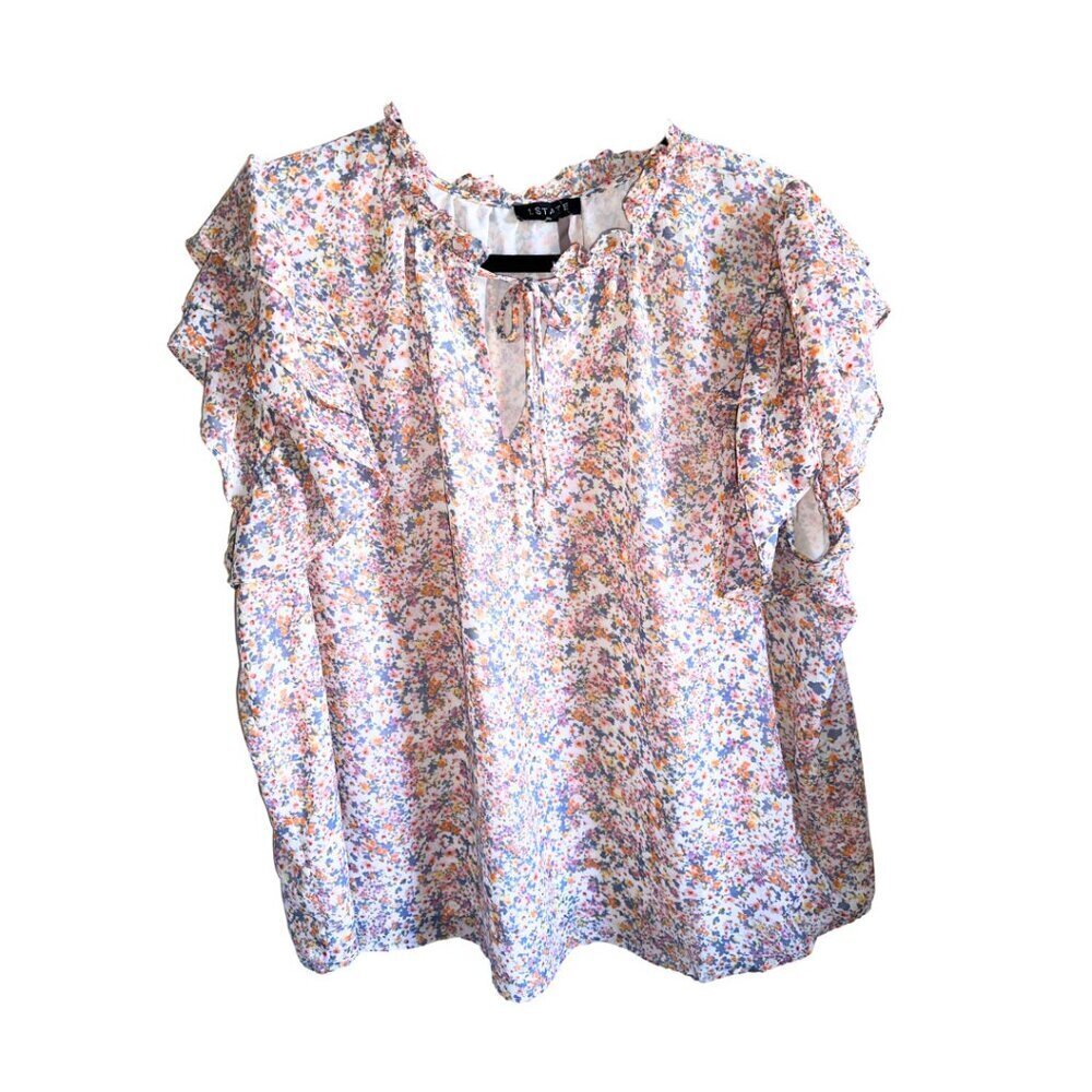 1 State Floral Blue Pink Women's Keyhole Blouse Flowy Flutter Sleeves 3x